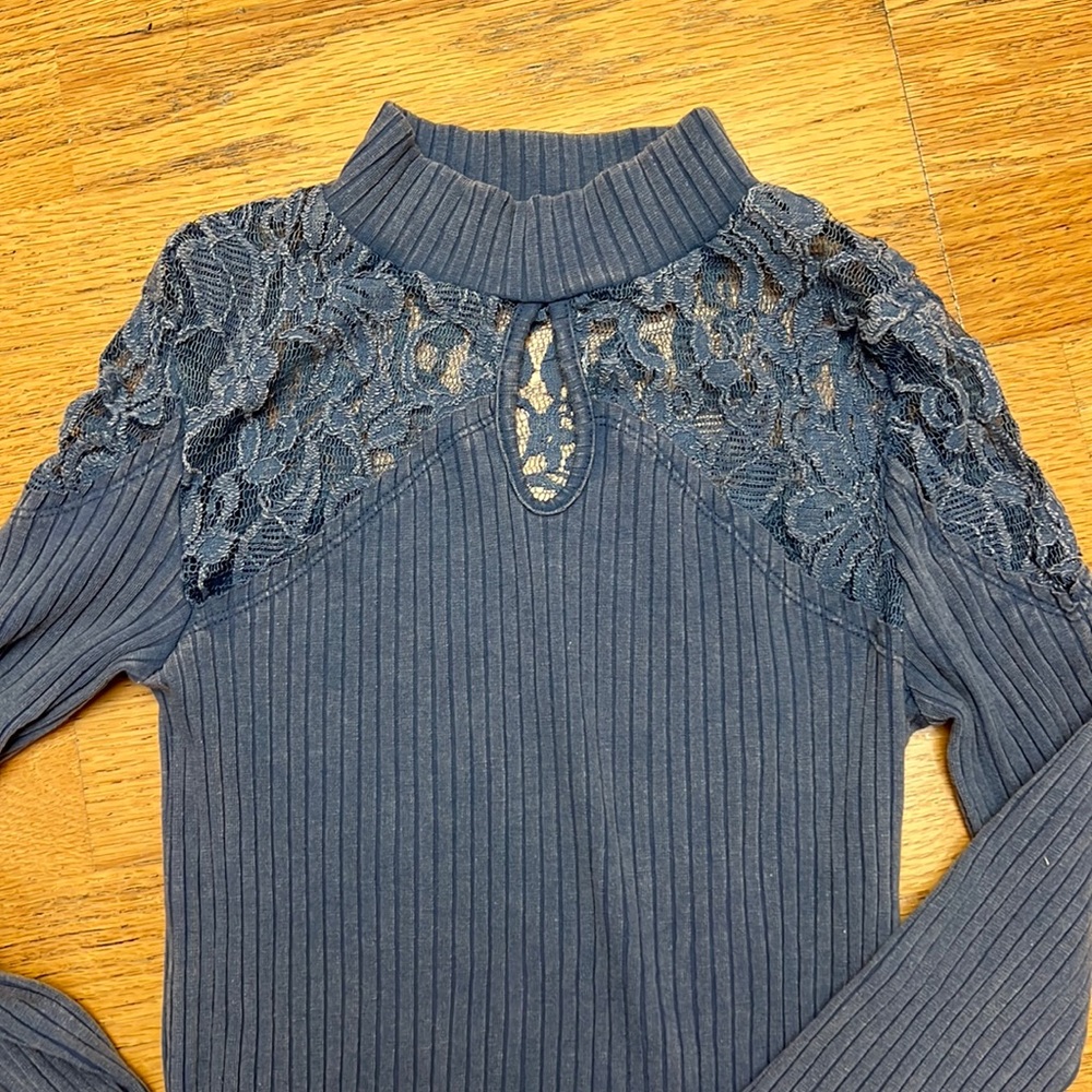 Free People mock turtleneck long sleeve top with lace inserts - Picture 2 of 5
